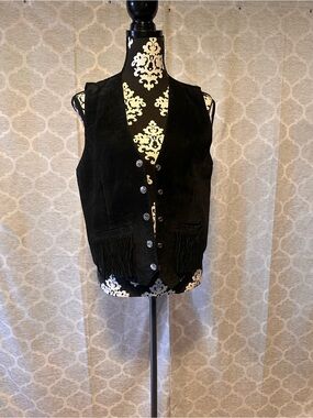 Vintage Scully Leather Black Suede Fringe Vest Ornate Silver snaps size 10